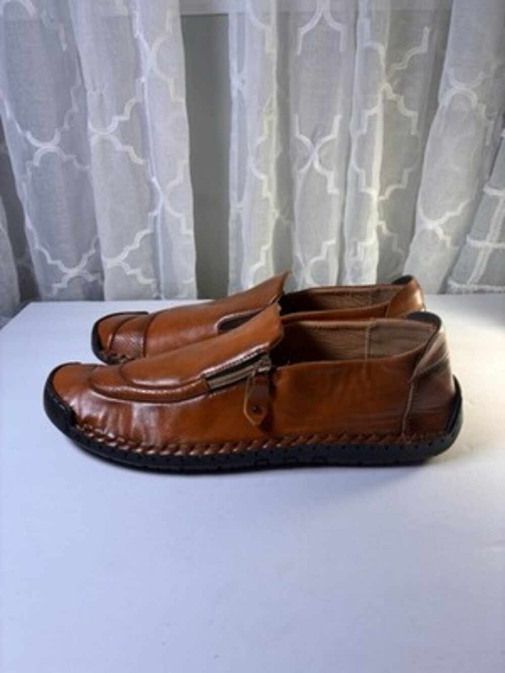 Vintage Hand Stitched Leather Moccasins Men’s 12 Brown Slip On Loafers Zip Side